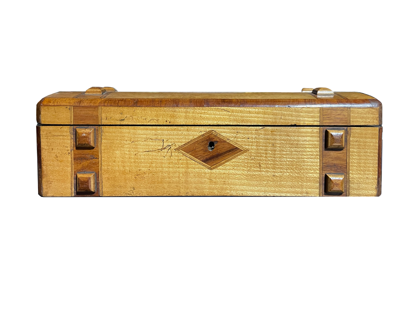 Medium Rectangular Antique Walnut Box with Diamond Inlay and Original Blue Silk