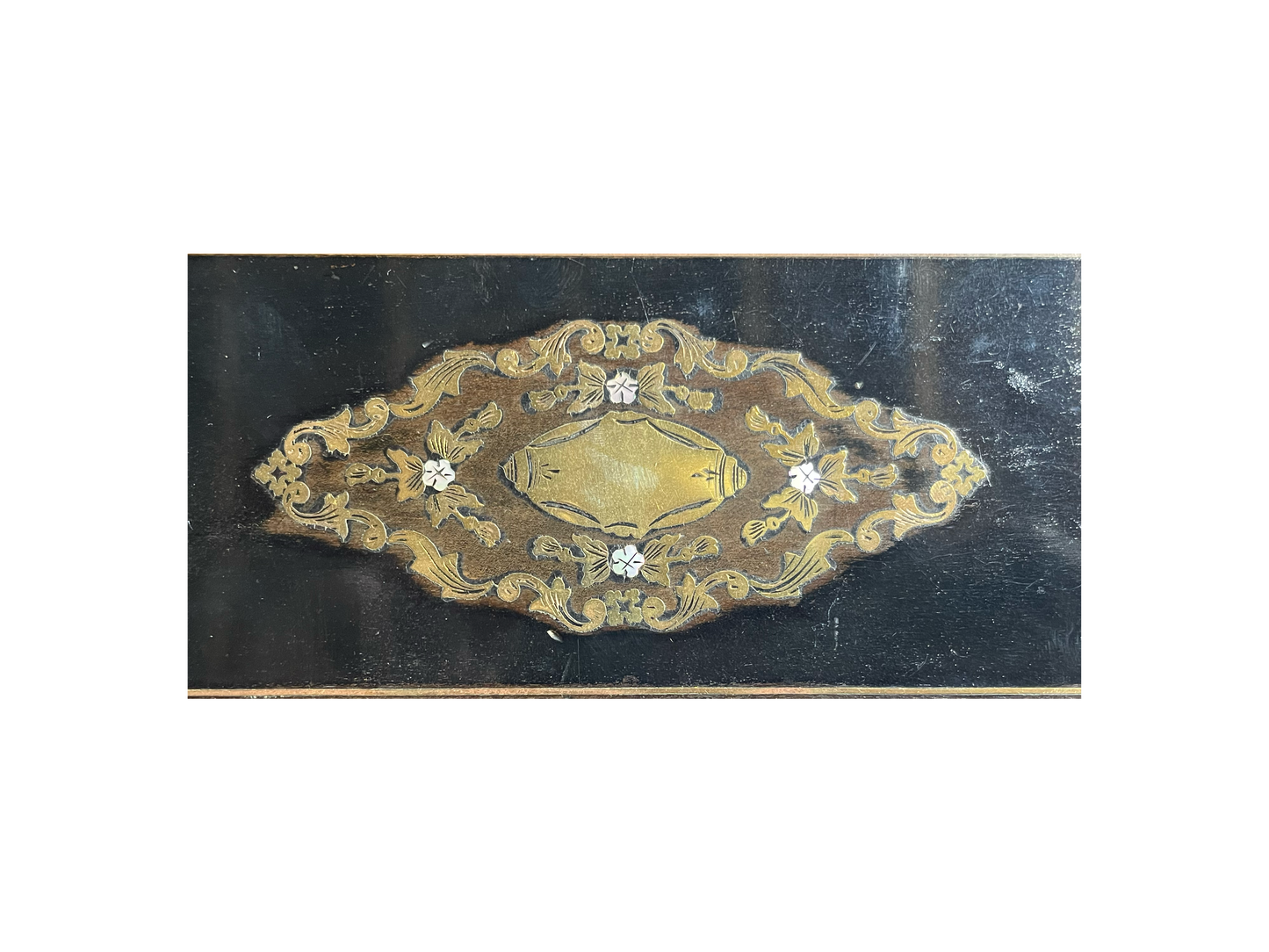 Medium Black Wooden Box with Mother of Pearl and Brass Details