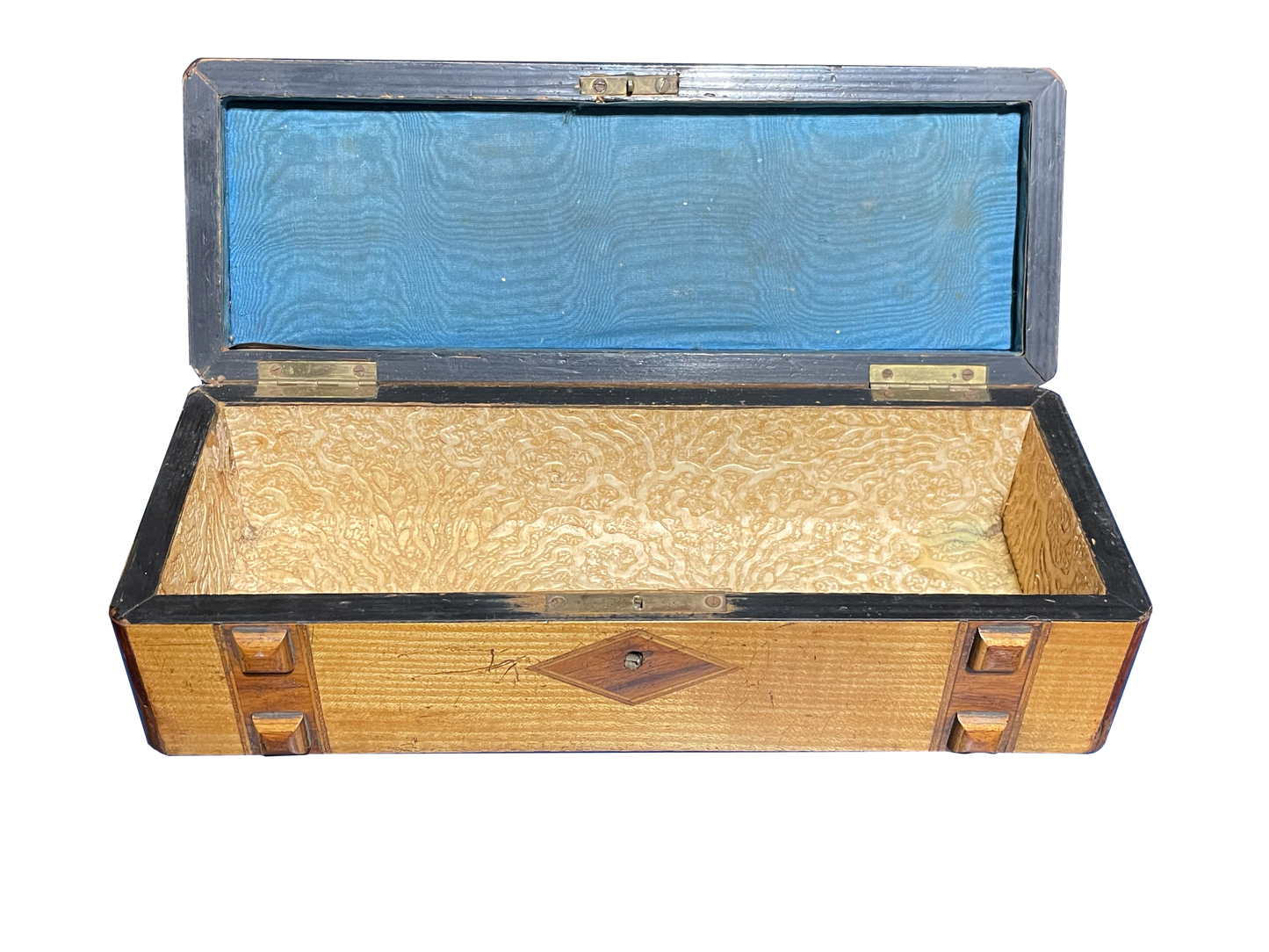 Medium Rectangular Antique Walnut Box with Diamond Inlay and Original Blue Silk