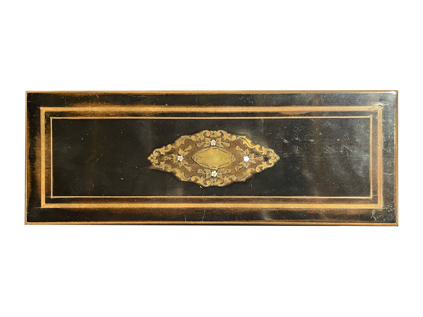 Medium Black Wooden Box with Mother of Pearl and Brass Details