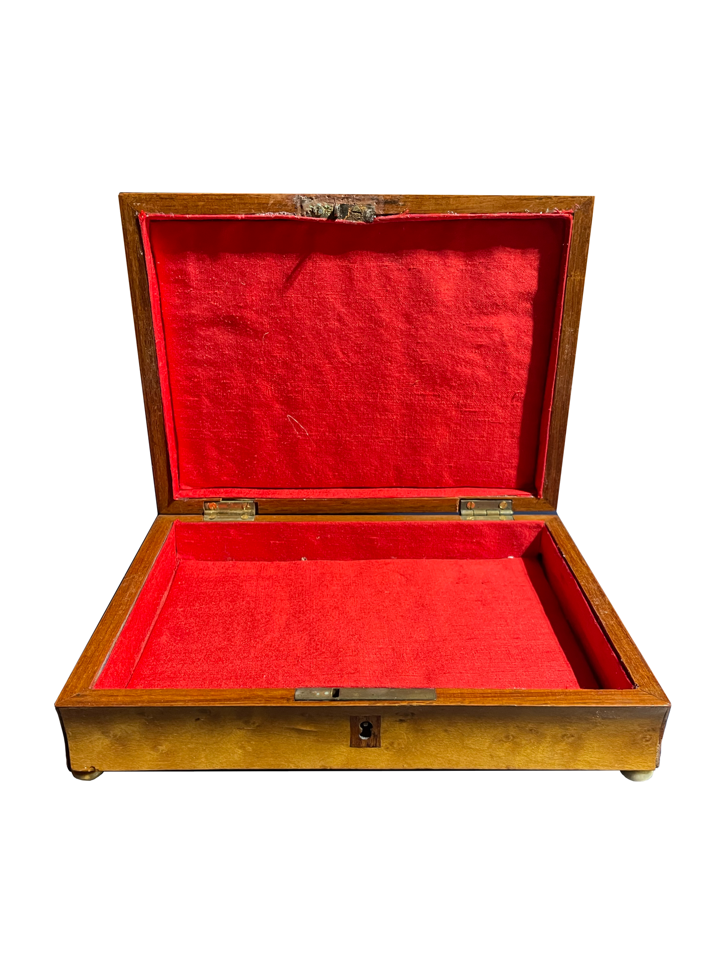 Shallow Antique Walnut Box with Red Velvet Interior