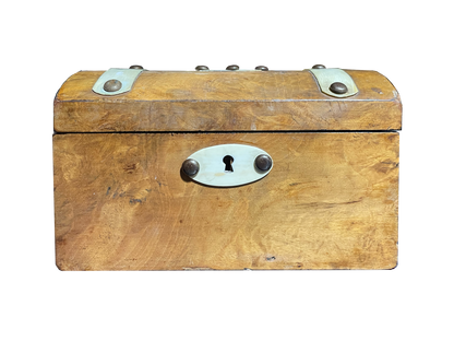 Small Walnut Box with Birch Wood Details, Nail Heads, and Red Velvet Interior