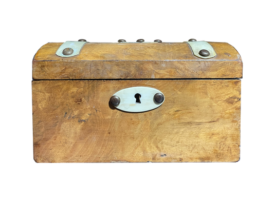Small Walnut Box with Birch Wood Details, Nail Heads, and Red Velvet Interior