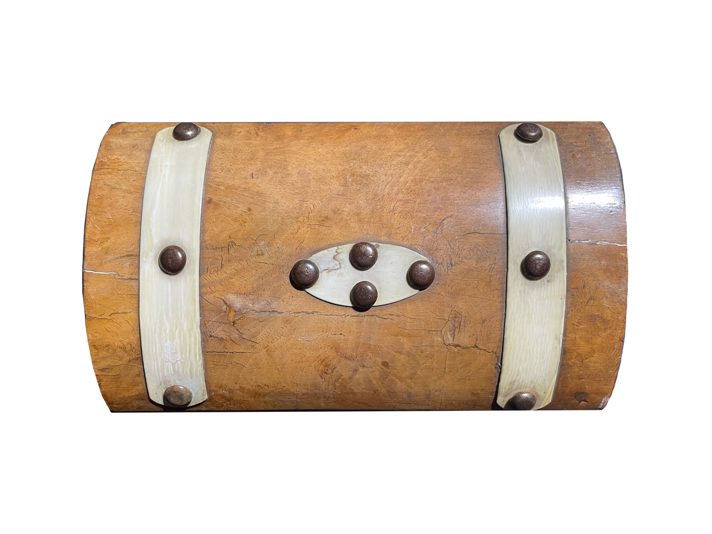 Small Walnut Box with Birch Wood Details, Nail Heads, and Red Velvet Interior