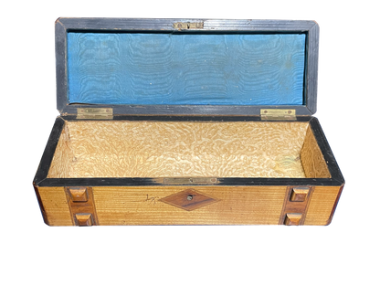Medium Rectangular Antique Walnut Box with Diamond Inlay and Original Blue Silk