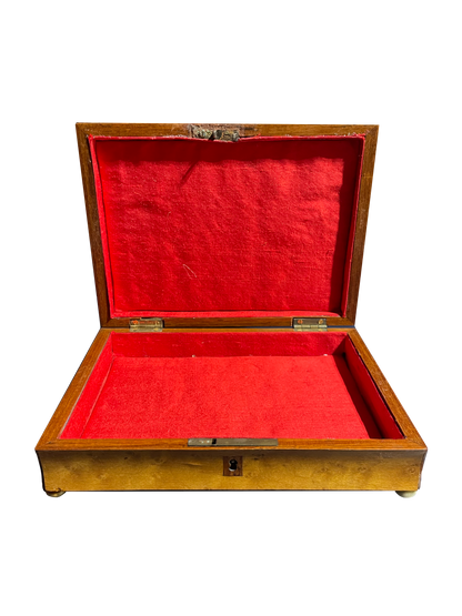 Shallow Antique Walnut Box with Red Velvet Interior